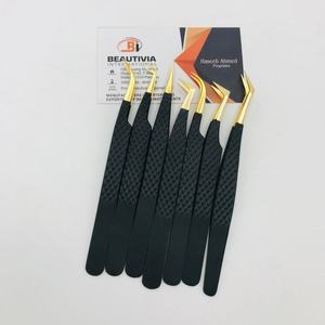 แหนบขนตาทำจากสแตนเลสขนาดเล็กปลายแหลมเล็กด้ามจับเพชรสีดำทอง - Product Image 2