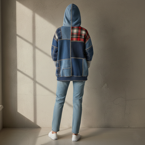 OEM Custom Scrap Fabric Design Winter Women's Front Logo Hoodie Sustainable Fashion Reworked Denim and <b>Flannel</b> Pullover - Product Image 4