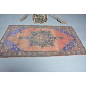 Vintage 4 X 7.3ft Turc Oriental Tapis Classique Grande Surface Laine Latex Rectangle Patchwork Design Orange Violet Exposition Couloir - Product Image 3