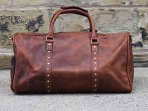 Bolsa de lona de cuero genuino de grano completo hecha a mano para viajes y gimnasio, fin de semana nocturno personalizado - Product Image 3