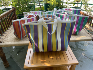 Bolso de compras de nailon con cremallera reutilizable ecológico personalizado, soporte a rayas, artículos de tocador cosméticos de moda, estuche con logotipo de playa de viaje - Product Image 6