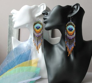 Pendientes de Plumas de Pavo Real de Calidad Premium, Pendientes Largos con Cuentas, Pendientes de Araña Dorados, Pendientes de Cuentas Pequeñas - Product Image 2