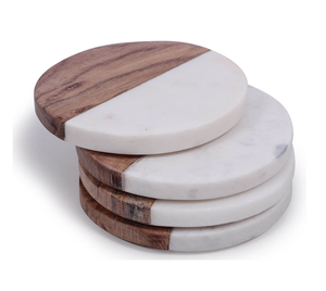 Sous-verres artisanaux personnalisables en bois rond et marbre, style campagnard écologique, en pierre blanche, pour décoration de tasses à café - Product Image 2