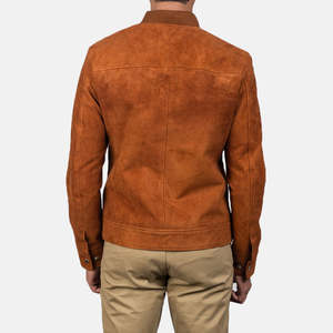 Veste d'hiver pour homme en toile enduite légère et cuir véritable, col montant, style streetwear, avec fermeture éclair et logo frontal - Product Image 4