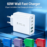 Pengisi Daya Cepat GaN 60W HNT ODM/OEM PD & QC 3 Port Tipe C+USB Adaptor Dinding Colokan EU/UK Proteksi OVP/OCP untuk iPhone 15 16