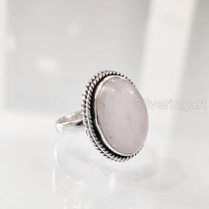 Bague pour femme en argent sterling 925 avec pierre précieuse naturelle quartz rose, pierre de naissance de avril, bande simple, cadeau de Noël, bijoux faits à la main - Product Image 1