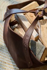 Vintage Firewood Carrier Real Cow Hide Leather Firewood <b>Storage</b> Handmade Best <b>Wooden</b> Carrier Bag LLR-0050 - Product Image 3