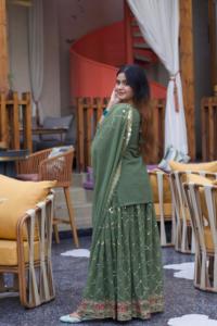 เสื้อปาร์ตี้ดีไซน์เนอร์ใหม่ที่สง่างามพร้อม sharara plazzo และเข้าชุด dupatta ที่สมบูรณ์แบบสำหรับเทศกาลจากอินเดีย - Product Image 5