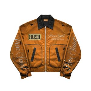 2026 Streetwear Embroidered Custom Distressed Vintage Wash Rhinestone Unisex Zip Up Denim Canvas <b>Winter</b> Jacket - Product Image 2