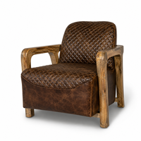Fauteuil d'appoint en cuir de luxe avec structure en bois de manguier massif |   Design industriel, cuir véritable écologique, peau de mouton, meubles pour la maison