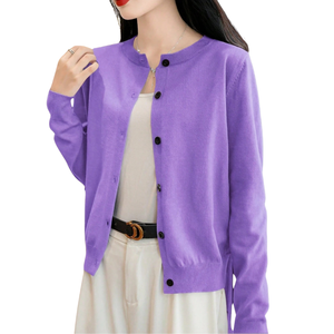 Purple Casual Women Knit Cardigan Crew Neck Button Front Long Sleeve Pullover Lightweight Autumn Winter <b>Layering</b> <b>Top</b> Sheer <b>Layer</b> - Product Image 3