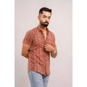 Men's Red Ethnic Print Cotton Casual Short Sleeve <b>Shirt</b> (SHKN1067) - Product Image 4