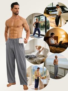 Paquete de 3 Pantalones de Pijama de Algodón de Punto para Hombre, Ligeros, Transpirables, de Secado Rápido, con Bolsillos y Cordón - Product Image 6