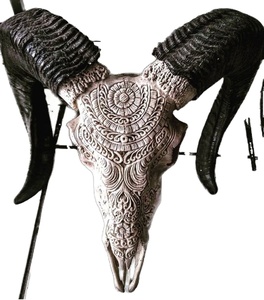 Crâne de taureau et de bélier sculpté à la main avec des cornes majestueuses Décor mural ou de support intemporel - Product Image 3