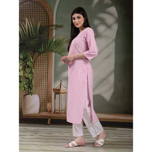 Kurta Recta con Estampado Floral para Mujer, Cuello en V, Algodón Puro con Decoración de Encaje, Producto de Primavera/Verano, Tallas Disponibles XL 4XL - Product Image 4