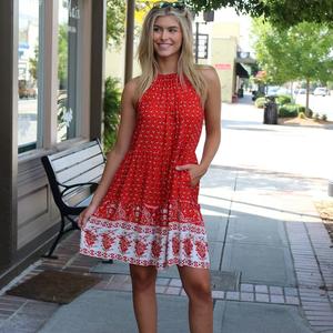 Indien fait à la main bohème imprimé fleuri Mini robe femmes vêtements d'été poche à manches naturel taille genou longueur plage - Product Image 1