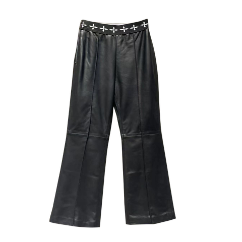 2655 Streetwear Black Waistband Lower Waist Genuine Leather Ladies Wide Leg Pants Loose  Customized Women Trousers