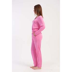 Ensemble de pyjama en viscose pour femme, manches longues, col long, avec poches sur les manches - Rose - Rose - Product Image 2
