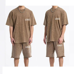 Conjunto de pantalones cortos de Camiseta de algodón 100% para hombre con estilo Diseño transpirable Hecho Color sólido Ropa de verano Conjunto de pantalones cortos de lavado ácido de talla grande - Product Image 3