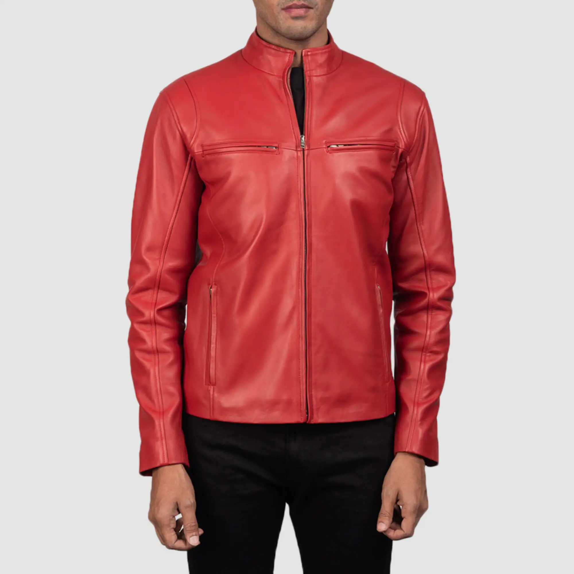 Real Leather Sheepskin Aniline Zipper Iconic Red Men Biker Jacket with Quilted Viscose Lining and Inside Outside Pockets