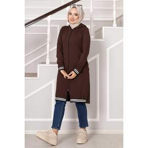 Manteau à capuche zippé café pour femme - Product Image 1