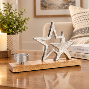 Candelabro Moderno con Estrella Plateada, Base de Madera, Decoración Navideña para Mesa, Diseño Geométrico, Decoración Invernal para el Hogar - Product Image 2