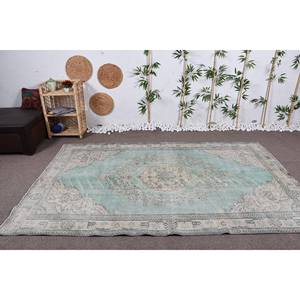 Tapis turc fait main en laine beige bleu classique 5.5 'X 8.9' Patchwork rectangulaire écologique salon traditionnel chambre - Product Image 1