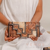 Dompet Kulit Asli Buatan Tangan Gaya Boho dengan Slot Kartu dan Uang, Dompet Wanita Gaya Barat, Dompet Kulit Sapi dengan Bulu