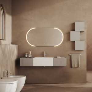 Meuble de salle de bain mural Rota 140 cm avec 2 tiroirs gris nacré et miroir ovale de 120 cm, ensembles de salle de bain de luxe - Product Image 1