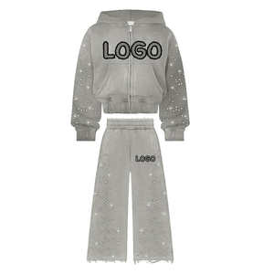 Heavyweight Distressed Embroidery Sunfaded <b>Zip</b> up Acid Wash <b>Hoodie</b> Flare Sweatpants Set Vintage Tracksuit - Product Image 3