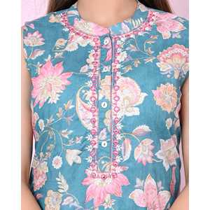 Kurta Recta de Algodón con Estampado Floral Azul para Mujer, Cuello Mandarín, Transpirable, con Aberturas, Talla XS/Talla Única para el Día - Product Image 1