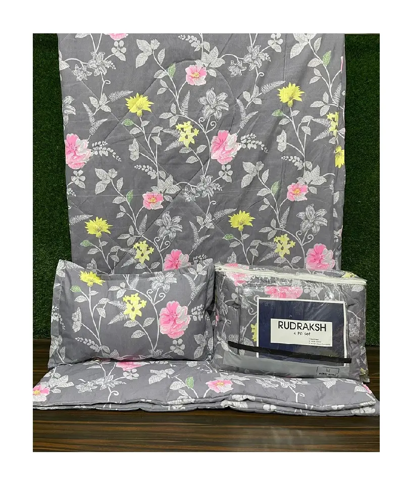 Meilleure qualité Heavy Glace Soft Cotton Floral Printed Design 4 PC Ensemble de couettes dans de belles couleurs avec un sac d'emballage attrayant