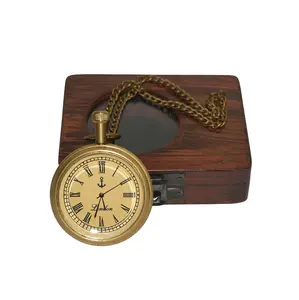 Jam tangan dan aksesori telegraf kuningan jam saku dengan kotak kayu kuningan Dial emas rantai kapal perahu jam saku kecil