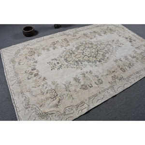 Tapis Turc Vintage Beige Vert 5.6 X 9.2ft Tissage Plat en Laine avec Motif Patchwork pour Décorations de Salon - Product Image 2