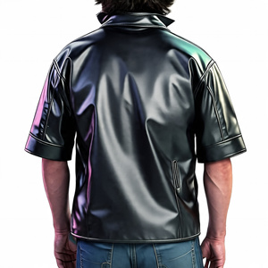 Chemise décontractée à fermeture éclair en cuir véritable style High Street pour hommes, en faux cuir à la mode avec motif Letterman de moto - Product Image 5