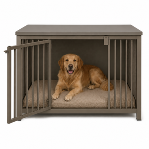 Meuble pour chien en métal moderne avec lit |   Couleur métallique personnalisable en option, dessus en bois massif |   Niche de luxe intérieure pour salon - Product Image 2