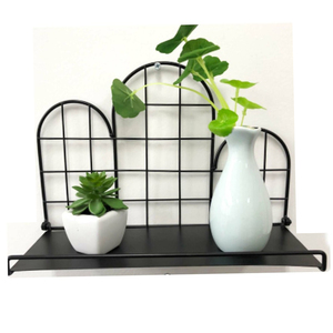 Utensilios de cocina de madera Estantes flotantes modernos de pie Estante de exhibición de madera natural de metal negro - Product Image 2