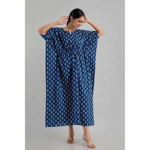 Kaftan de algodón puro con estampado floral azul Maxi Étnico, tamaño libre de la Dress-SHKUP1253 - Product Image 6