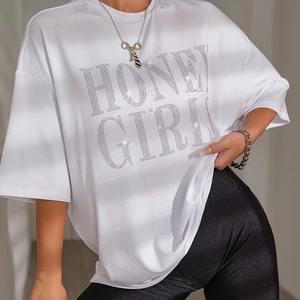 Fabricante mejor calidad rhinestone manga corta transpirable de gran tamaño ligero precio barato algodón logo camiseta de las mujeres - Product Image 3