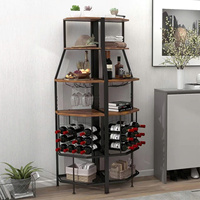 Étagère à vin d'angle à 5 niveaux réglable en hauteur avec porte-verres, étagère de bar en métal et panneau en bois pour la cuisine, la salle à manger, le bar à domicile