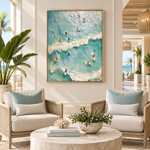 Grande Peinture Abstraite Peinte à la Main, Surfistes Aériens, Toile à l'Huile, Médiathèque Mixte, Océan Turquoise, Décoration de Couloir de Resort de Luxe, Aluminium - Product Image 1