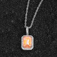Collier Pendentif Rectangulaire OEM d'Usine, Or Blanc, Gemme Bleu Clair, Fluorescence Mocha, Entièrement Sertie de Zircons Cubiques 5A, Style Bijoux Anciens