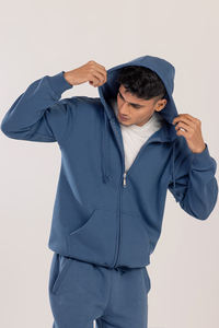 Sudadera con capucha y cremallera azul claro de última calidad para hombre, sudadera cálida informal cómoda y relajada para ropa de invierno - Product Image 2