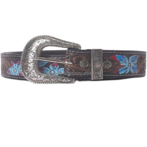 Multicolor Hand Painted Floral Embossed Genuine Western Leather <b>Tooling</b> <b>Belt</b> with Designer Floral Single Prong Brass Buckle - Product Image 6
