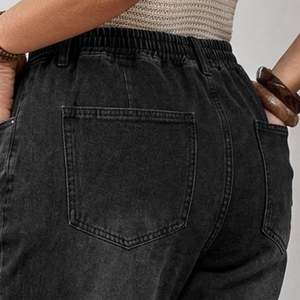 Womens Black Denim Jogger Pants Appliques Mid <b>Elastic</b> <b>Waist</b> Casual Streetwear Regular Breathable Washed Everyday Wear Wholesale - Product Image 4