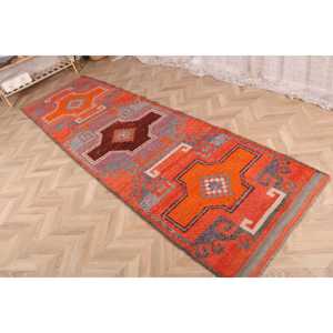 3.1x10.7 ft Vintage <b>Rug</b>, Turkish <b>Runner</b> <b>Rug</b>, Orange Gray Animal Print Wool <b>Rug</b> - Product Image 3