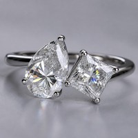 Bague Moissanite Toi et Moi, taille poire, taille princesse, deux pierres, en argent sterling S925, bijoux de fiançailles pour femme