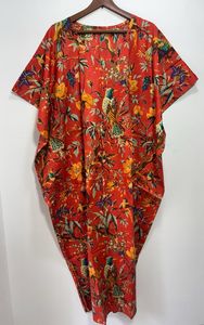 Vêtements de nuit d'été en coton Kaftan imprimé d'oiseaux floraux Longueur du sol Robes décontractées Couverture de plage bohème Vêtements de nuit naturels - Product Image 4