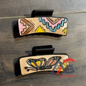 Wholesale Women's <b>Hair</b> Accessories Hand Tooled Leather <b>Hair</b> Clips High Quality Cowhide Leather Customized Floral <b>Hair</b> Claw Clips - Product Image 1