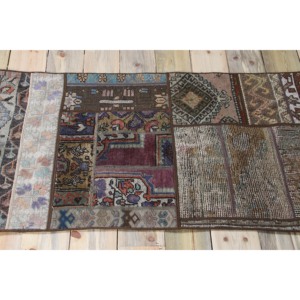 Turkish Vintage Eco-Friendly Fringed Rug 2.2x5.9 ft (68x180 Cm) Patchwork <b>Brown</b> <b>Wool</b> with Latex Backing - Product Image 3